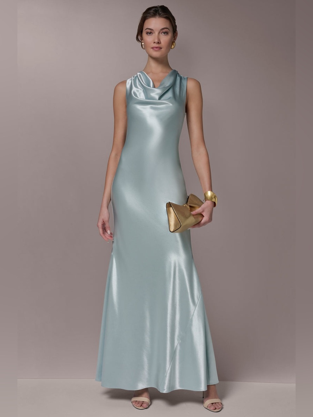 Donna Karan Sleeveless Cowl-Neck Satin Gown Formal Dress Size 8 Mist Blue